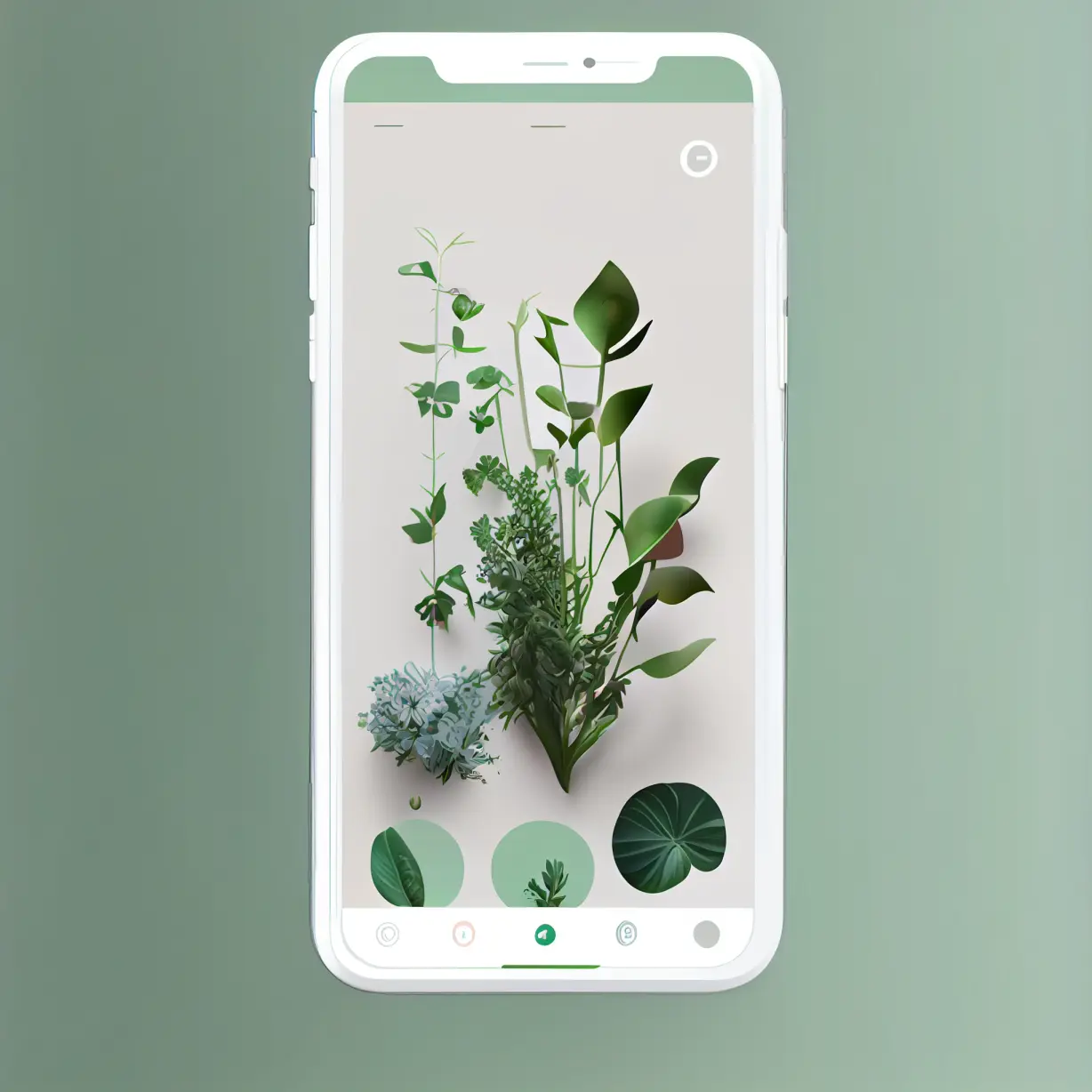 photography of an iphone [with a modern user interface of [vector illustration of plants] plant identification app on the screen] inspired by Behance and Figma and dribbble